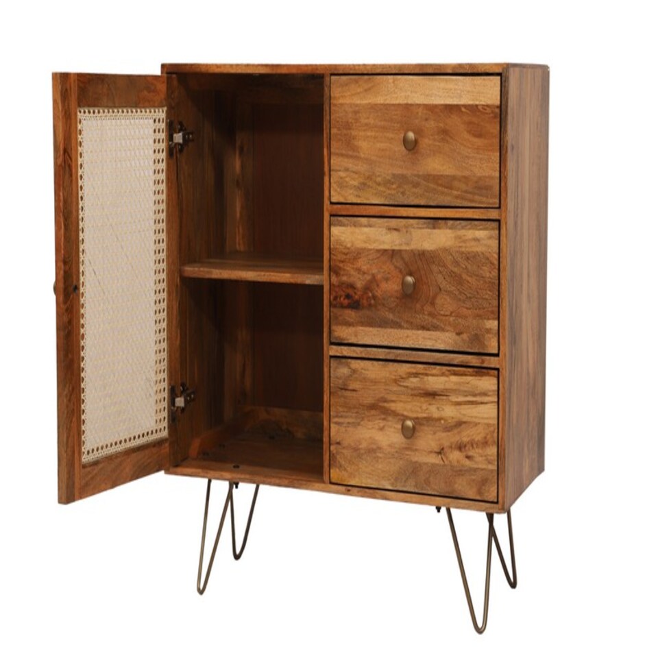image 1 of Nyack Small 3 Drawer Sideboard - Mango Wood/Iron - L40 x W90 x H87 cm - Light Brown with Natural Rattan - Assembly Required | Brown