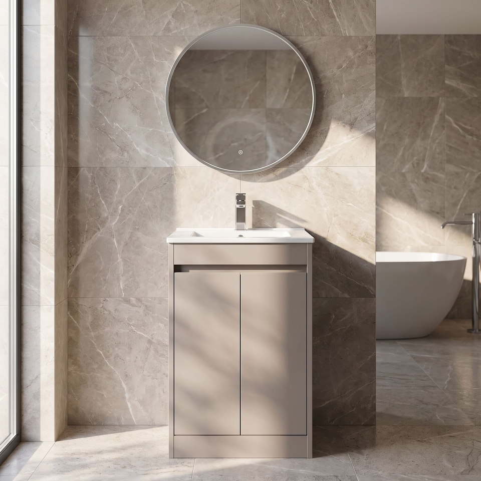 image 1 of Balterley Chartley Contemporary Floor Standing 2 Door Vanity Basin Unit, Minimalist Basin, 500mm, Taupe