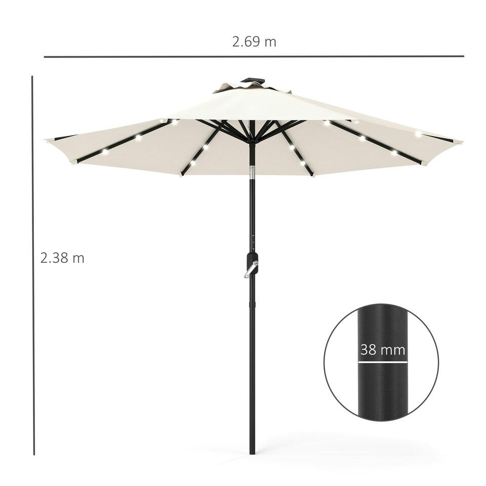 image 1 of Outsunny Garden Parasol Outdoor Tilt Sun Umbrella LED Light Hand Crank Off-white