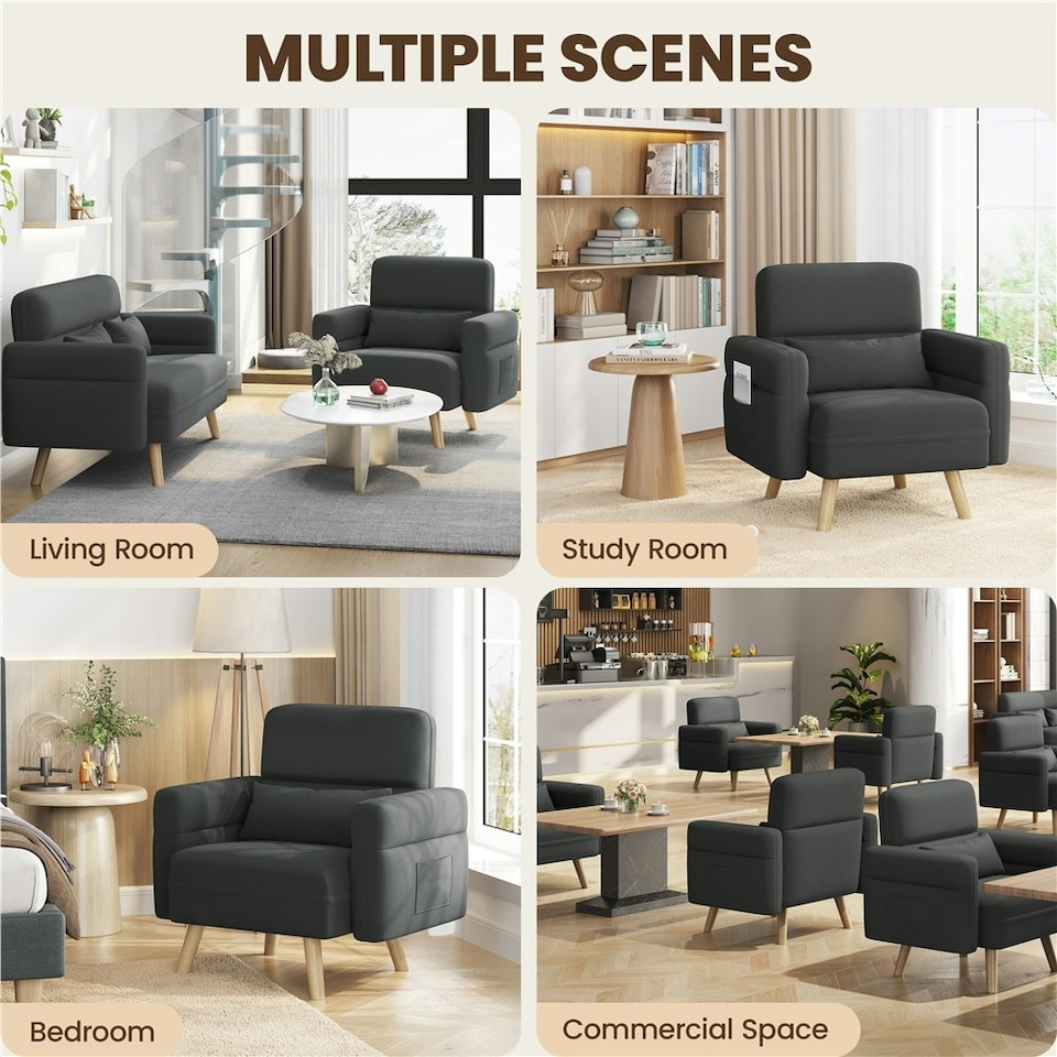 image 1 of Yaheetech Fabric Armchair Chair with Rubberwood Legs Side Pockets and Lumbar Pillow | Grey | Dark Grey