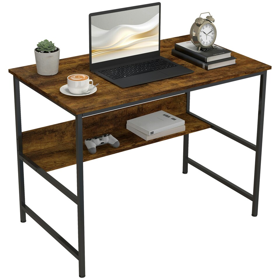 image 1 of HOMCOM 2-Tier Writing Desk Metal Frame with Storage Shelf Rustic Brown Brown