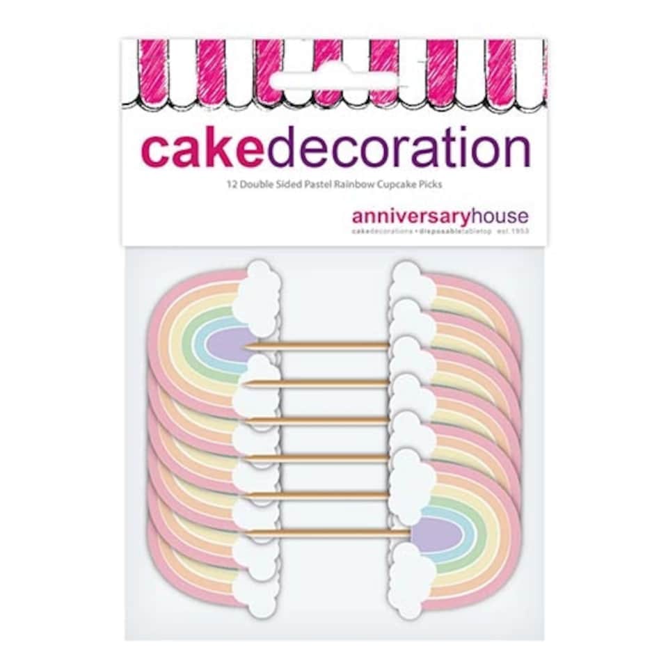 image 1 of Pastel Rainbow Cupcake Food Pick Toppers - Pack of 12