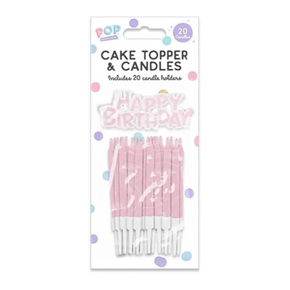 Pastel Pink Happy Birthday Cake Topper and Candles with Holders | Pink