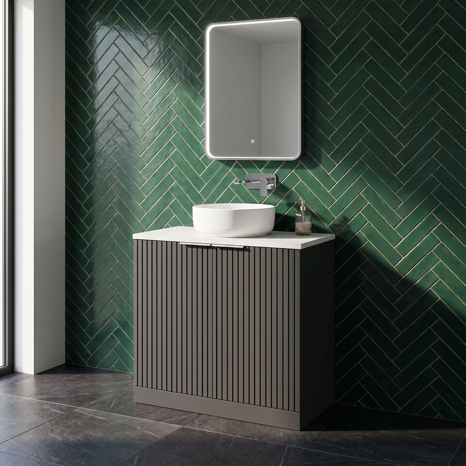 image 1 of Balterley Callingwood Contemporary Floor Standing 2 Door Vanity Unit with White Nebula Laminate Worktop , 800mm, Dark Grey