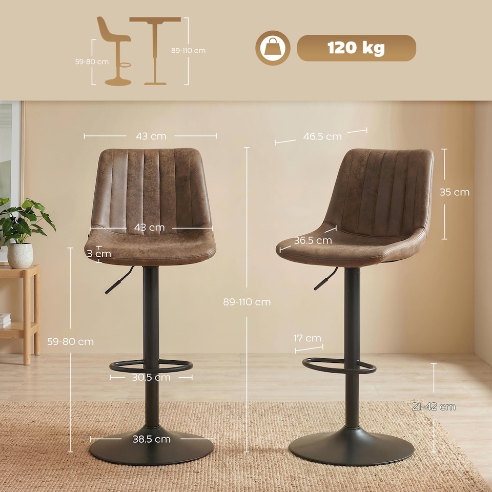 image 1 of HOMCOM Bar Stools Set of 2 Adjustable Swivel Bar Chairs with Backrest Brown