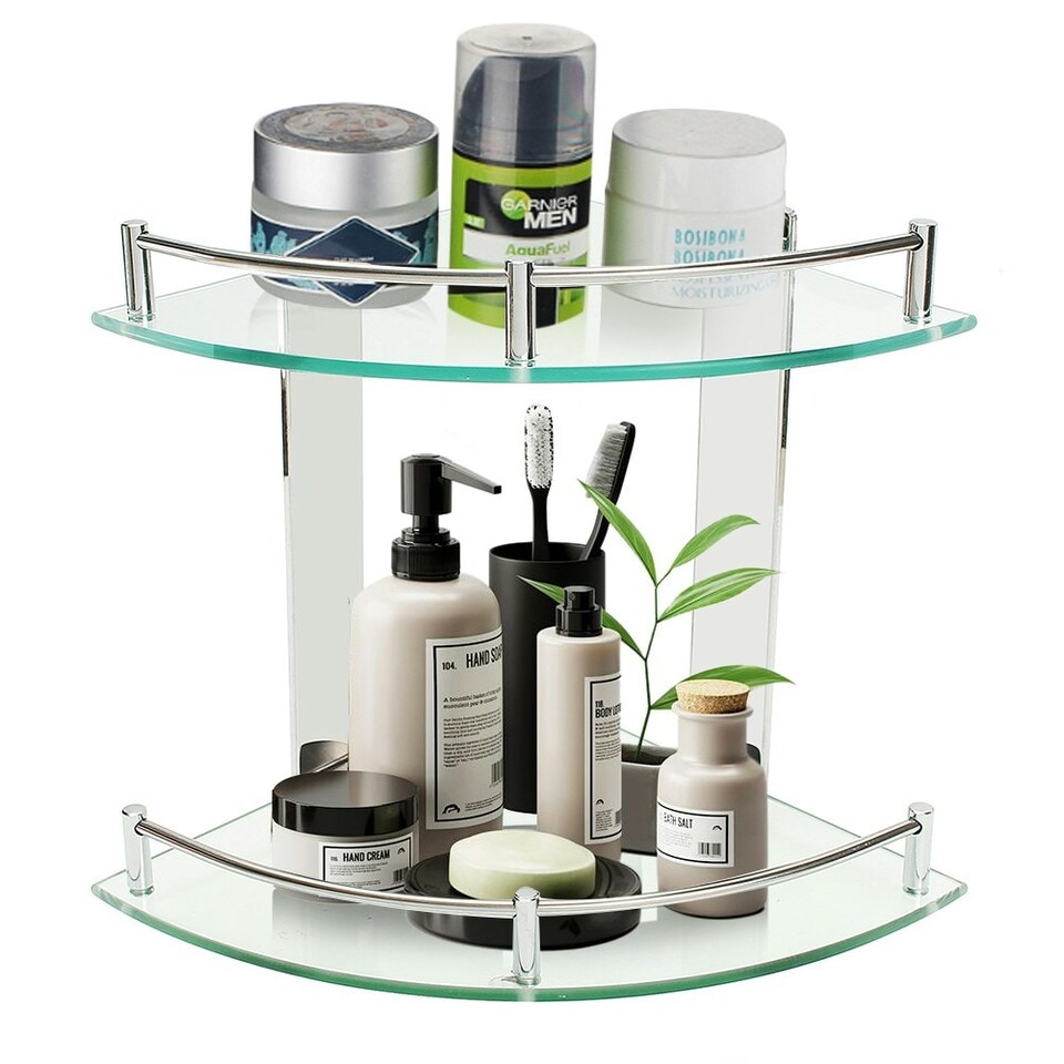 image 1 of Living and Home 2-Tier BathroomTempered Glass Corner Shelf Wall Mounted | Chrome