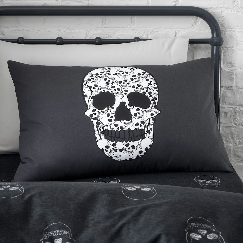 image 1 of Catherine Lansfield Skulls Reversible Single Duvet Cover Set Grey