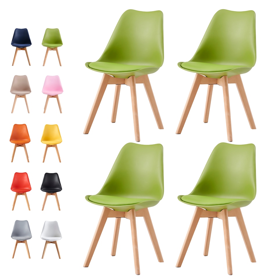image 1 of Set of 4 Dining Chairs with Solid Wooden Legs and Seat Cushion Pads in Green - Eva by MCC