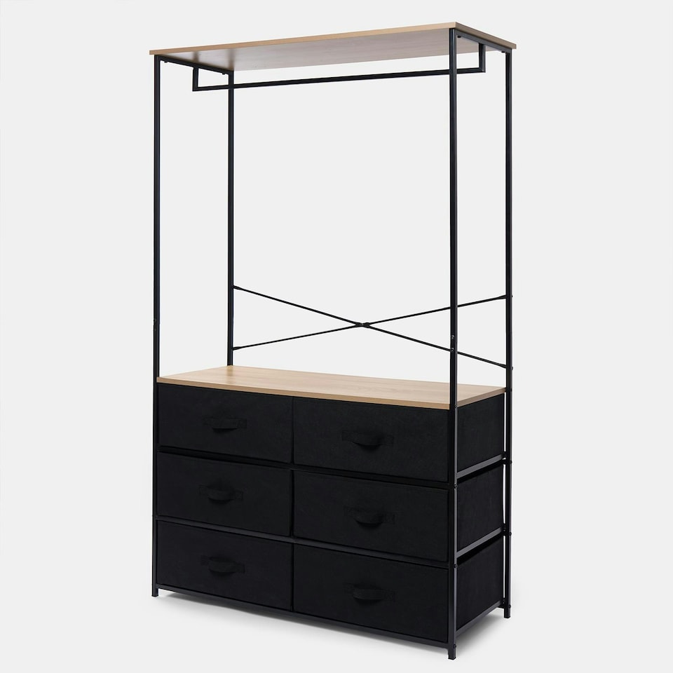 image 1 of OHS Brooklyn 6 Drawer Home Storage Fabric Display Cabinet With Hanging Rail Black