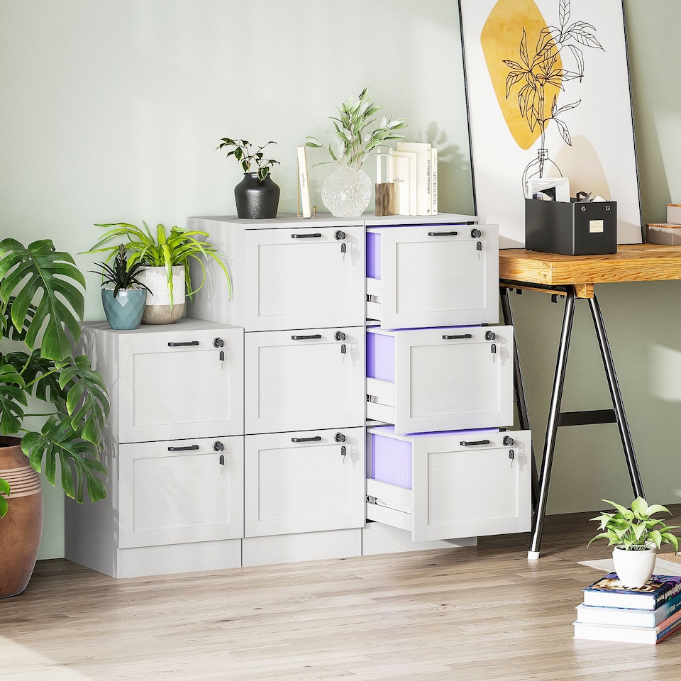 image 1 of HOMCOM 3 Drawer File Cabinet with Lock, Vertical Filing Cabinet with Adjustable Hanging Bars for A4 and Letter Size File Folders, Printer Stand with Storage, White | White | White