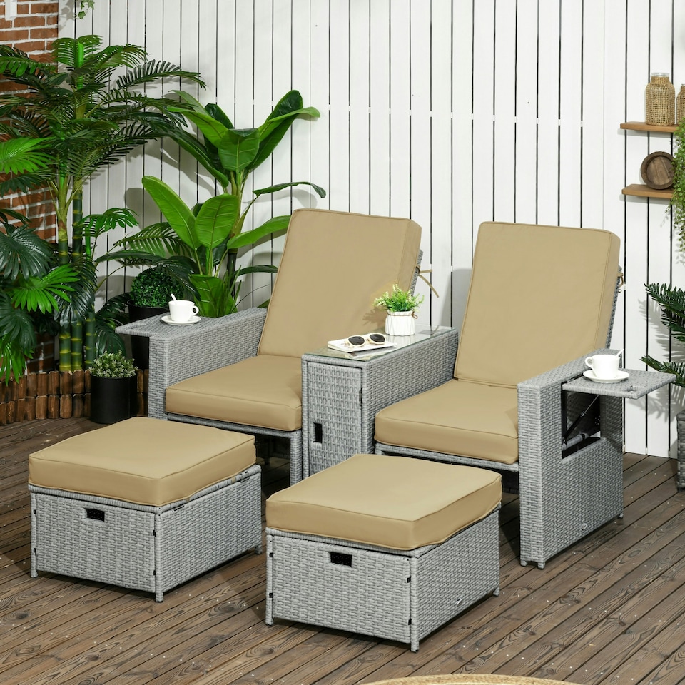 image 1 of Outsunny Recliner Rattan Sun Lounger w/ Storage Tea Table & Footstools, Beige