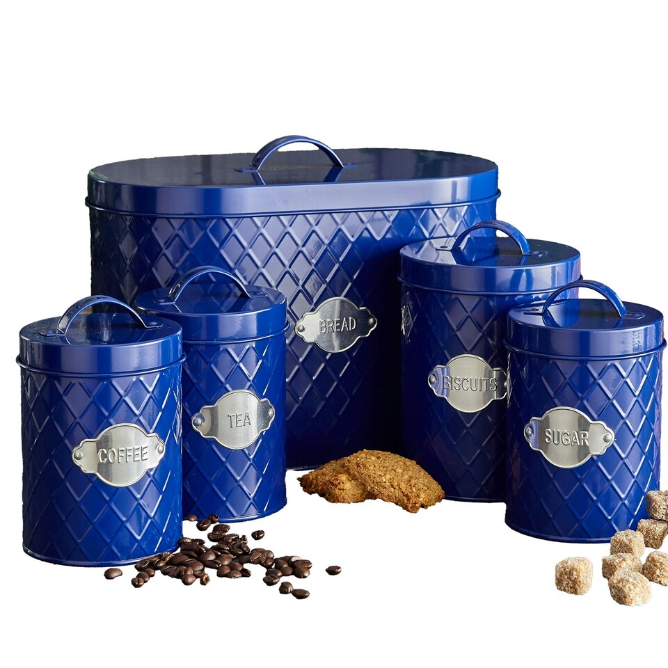 image 1 of Navy Embossed 5 Piece Kitchen Canister Set