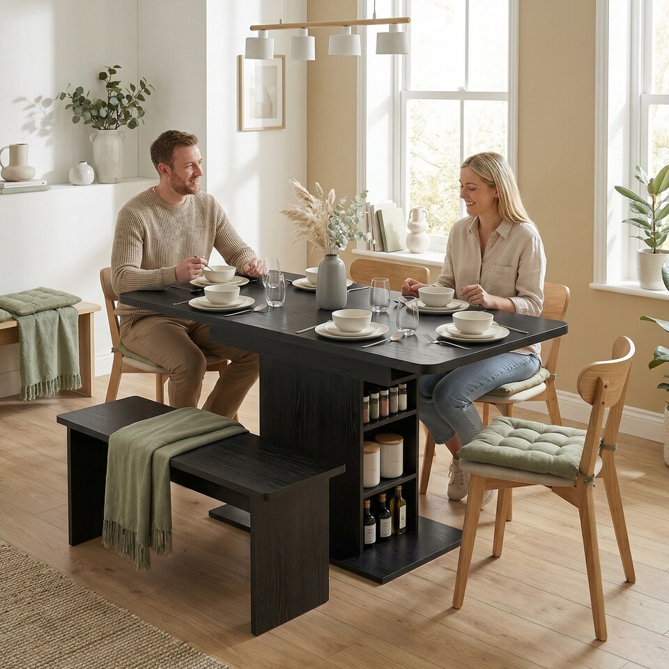 image 1 of HOMCOM Extendable Dining Table for 4-6, Kitchen Table with Shelves