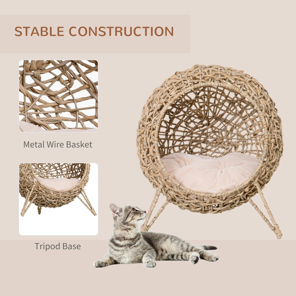 image 1 of PawHut Wicker Cat House, Ball-Shaped Rattan Raised Cat Bed - Natural Wood Finish