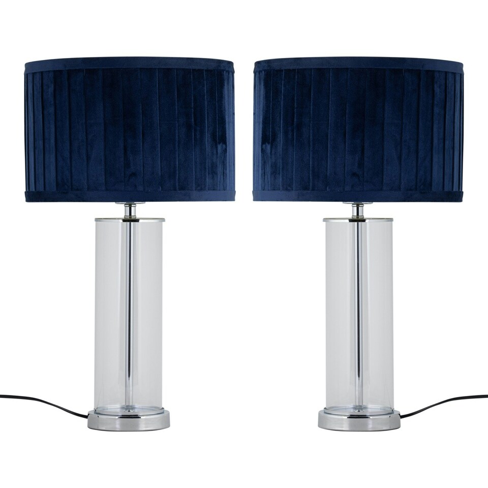 image 1 of Set of 2 Aura - Chrome Table Lamps with Navy Blue Velvet Pleat Shades Chrome | Blue