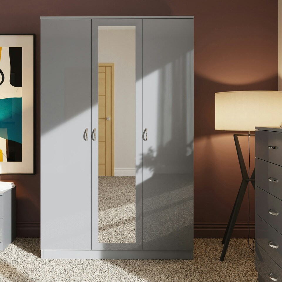 image 1 of FWStyle Chilton 3 Door Wardrobe With Mirror - Grey Gloss Front Grey