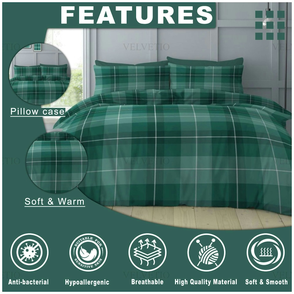 image 1 of VELVETIO Finn Check Complete Duvet Cover Set with Fitted Sheet Soft Polycotton Bedding Sets Green | King