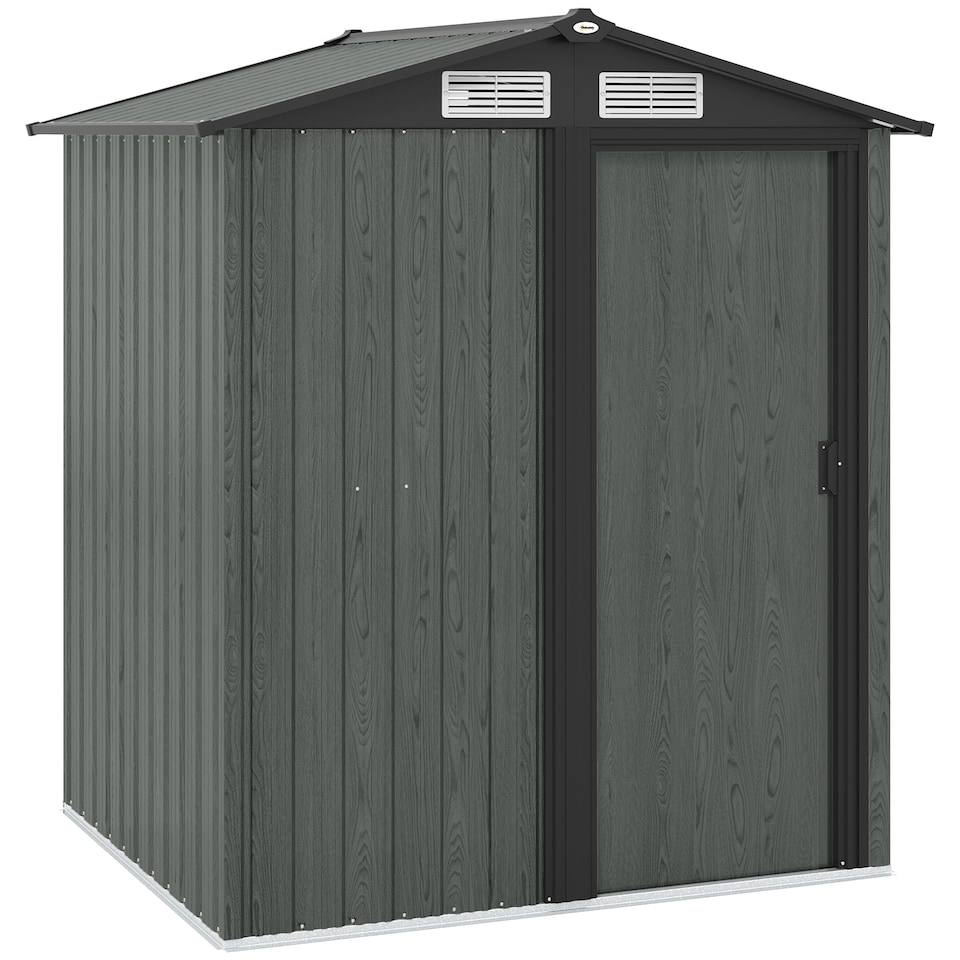 image 1 of Outsunny 5ft x 4ft Garden Shed, Metal Tool Storage Shed with Sliding Door, Sloped Roof and Foundation Kit for Garden, Patio, Grey Wood Effect | Grey | 1