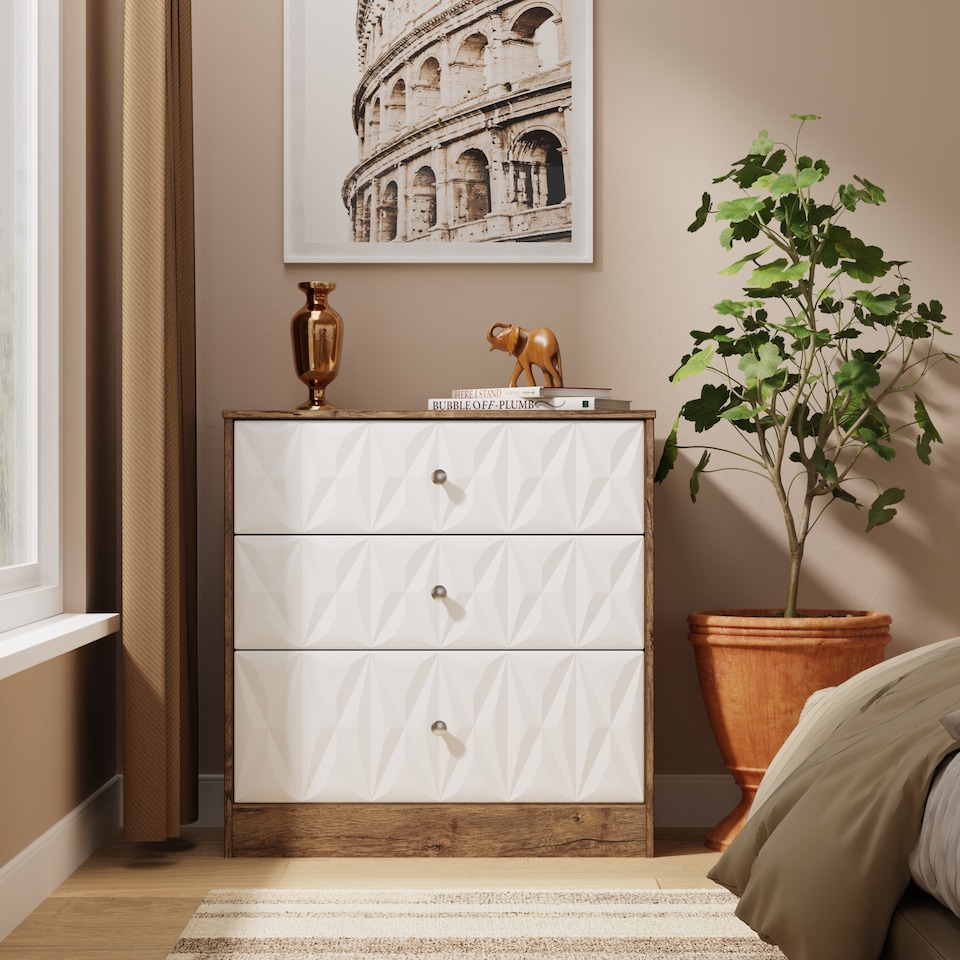 image 1 of Memphis 3 Drawer Deep Chest of Drawers in White Matt & Vintage Oak (Ready Assembled) | White | White Matt & Vintage Oak