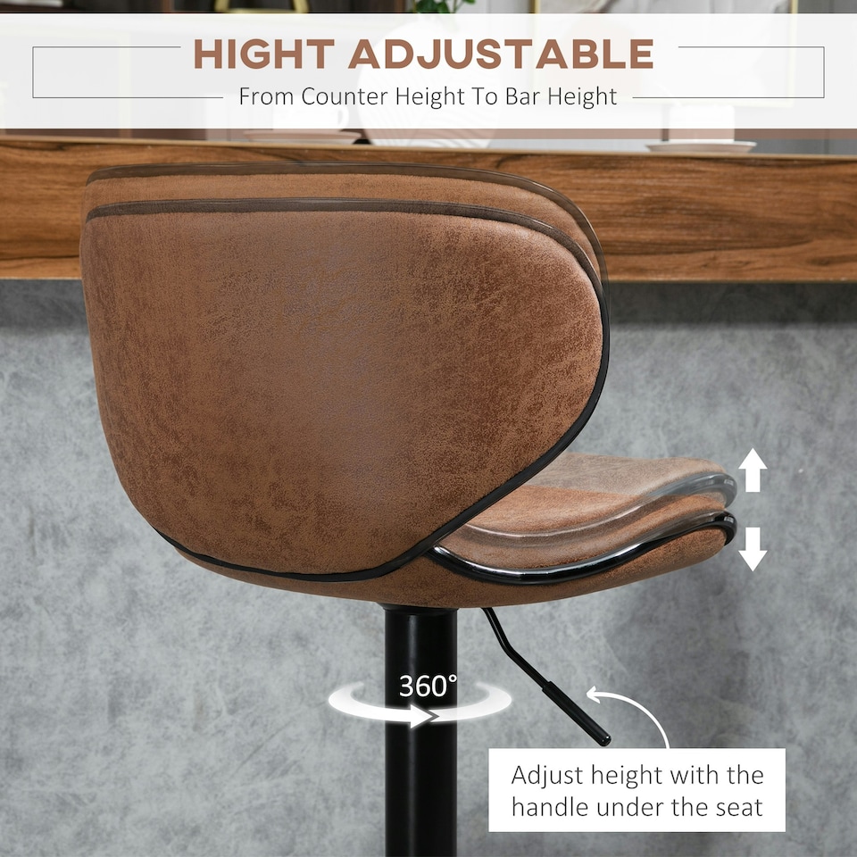 image 1 of HOMCOM Bar Stool Set of 2 Microfiber Cloth Adjustable Armless Chairs Brown