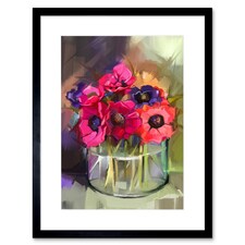 Anemone Flower Bouquet In Vase Floral Still Life 9x7" Black Framed Wall Art Print