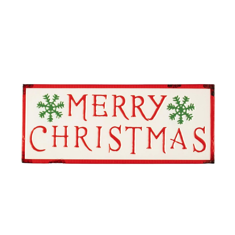 image 1 of 57cm Metal Merry Christmas Hanging Sign in Red & White with Green Snowflakes
