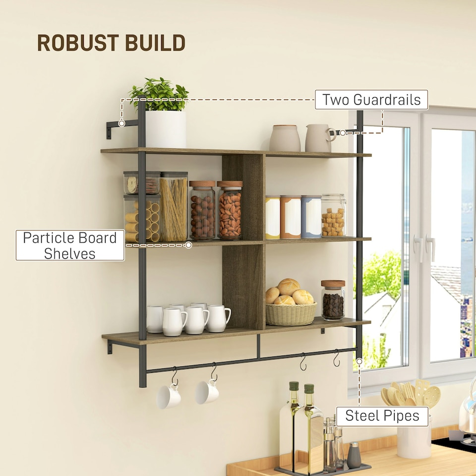 image 1 of HOMCOM Wall Shelf Unit with 4 Hooks for Living Room Grey Wood Effect