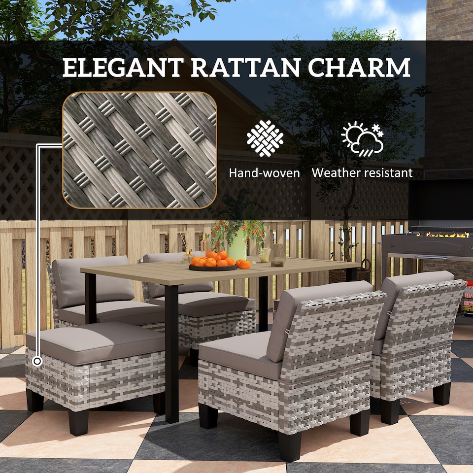 image 1 of Outsunny 7 PCS Rattan Garden Dining Set with Cushions, Umbrella Hole, Grey | Grey | Grey | 1