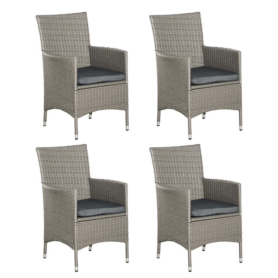 image 1 of Outsunny 4 Pieces Outdoor PE Rattan Dining Chairs Set with Cushion, Garden Armchair with Armrests, High Backrest, Metal Frame Patio Wicker Furniture, Grey