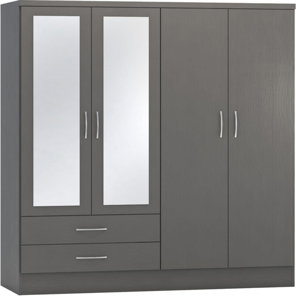 image 1 of Nevada 4 Door 2 Drawer Mirrored Wardrobe Grey | 3D Effect Grey