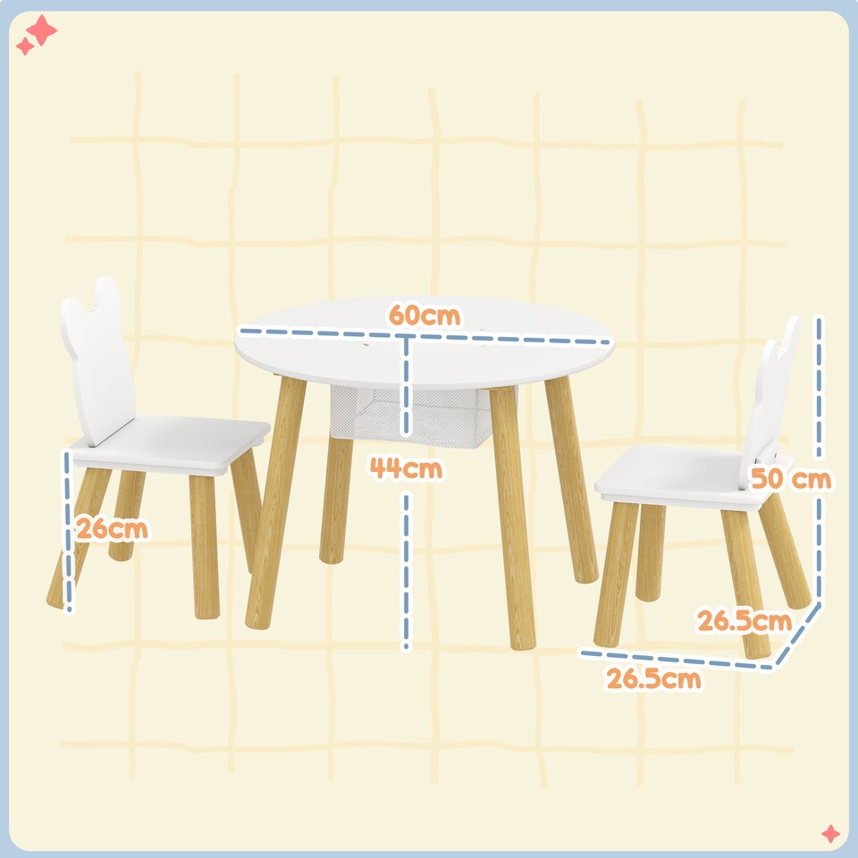 image 1 of AIYAPLAY 3 Pieces Toddler Table and Chair Set w/ Centre Mesh Bag, White