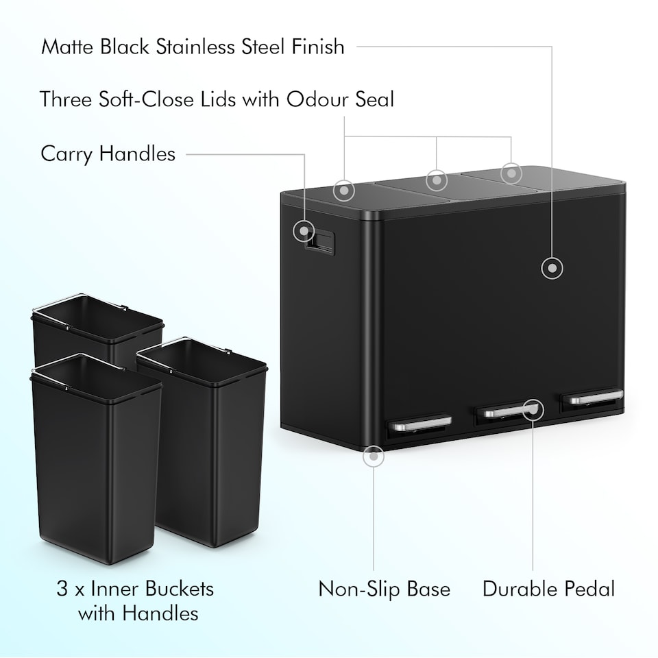image 1 of 3 Compartment 45L Waste & Recycling Kitchen Bin (3 x 15L) | Black | Black | 45L