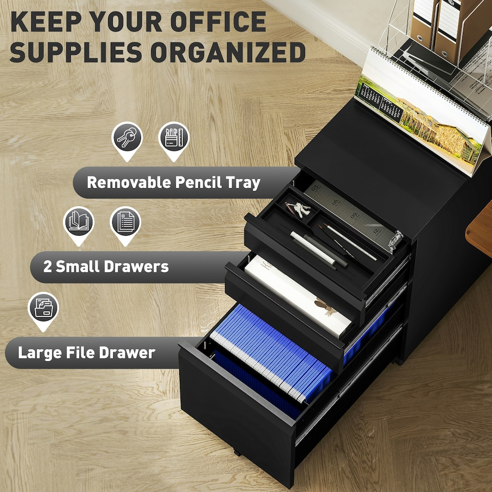 image 1 of Vinsetto Steel File Cabinet with Lock and Wheels for Home Office, Black Black | Black