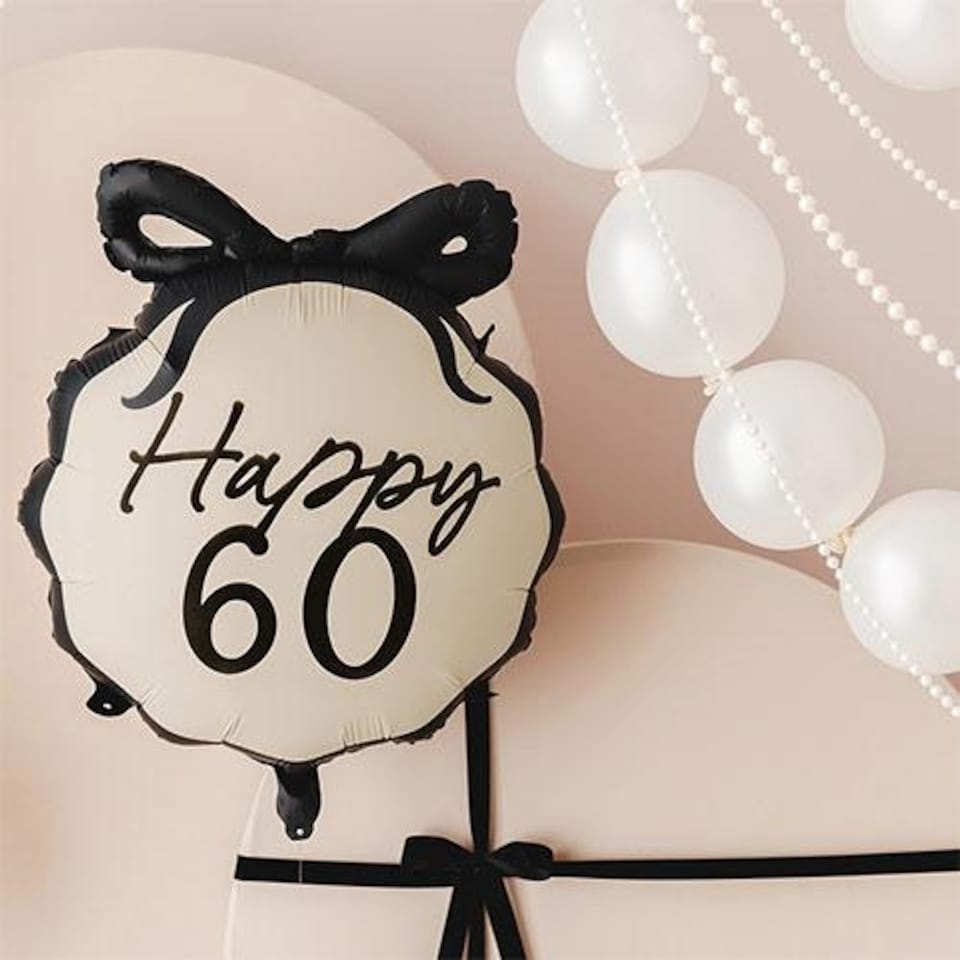 image 1 of Happy 60th Birthday Black Bow Cream Elegant Milestone Round Foil Helium Balloon 48cm / 19 in Black