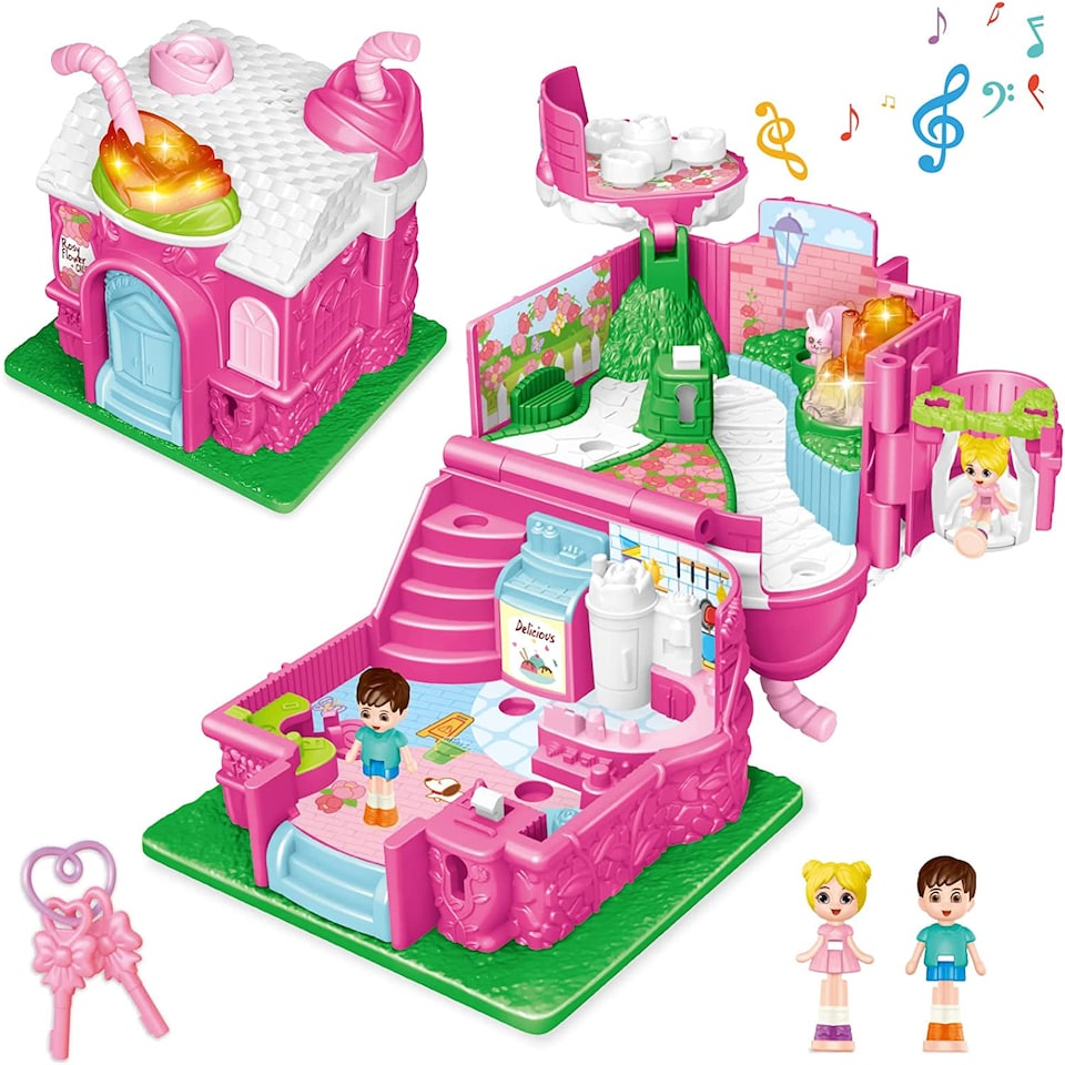 image 1 of Cafe Garden Portable Dollhouse Playset – Mini 3D Doll House with Light & Sound, Garden Swing & Accessories Pretend Play Gift for Kids Ages 3+