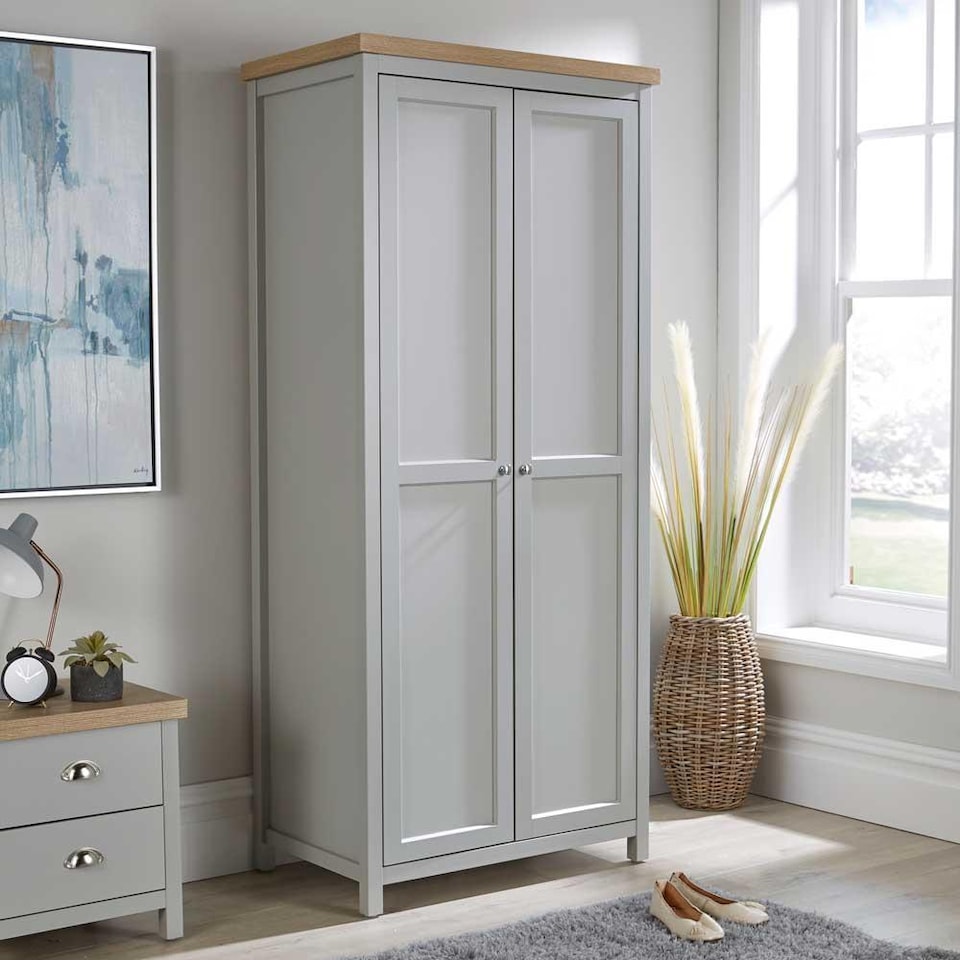 image 1 of Wardrobe 2 or 3 Door Two Tone Oak Top Wooden Hanging Rail Storage Shelves | Grey