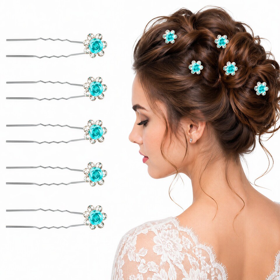 image 1 of Crystal Rose Flower Hair Pins, Clips with Rhinestone Flowers - 1pc