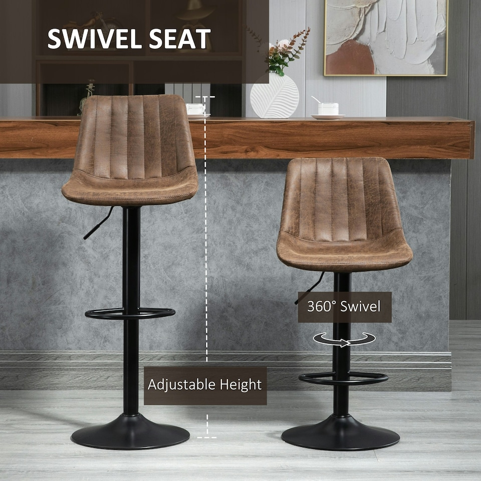 image 1 of HOMCOM Set Of 2 Microfibre Retro Tub Bar Stools Metal Frame Footrest Seat Brown