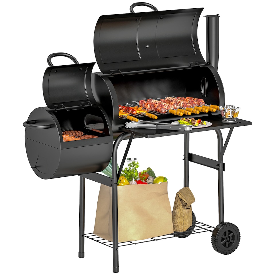 image 1 of Outsunny Portable Outdoor Charcoal Grill BBQ Grill with Offset Smoker Black