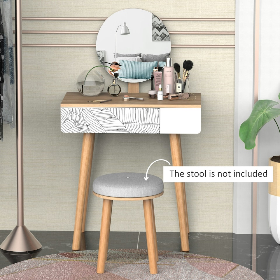 image 1 of HOMCOM Wooden Compact Dressing Table w/ Drawer Mirror 4 Legs Table Top Bedroom