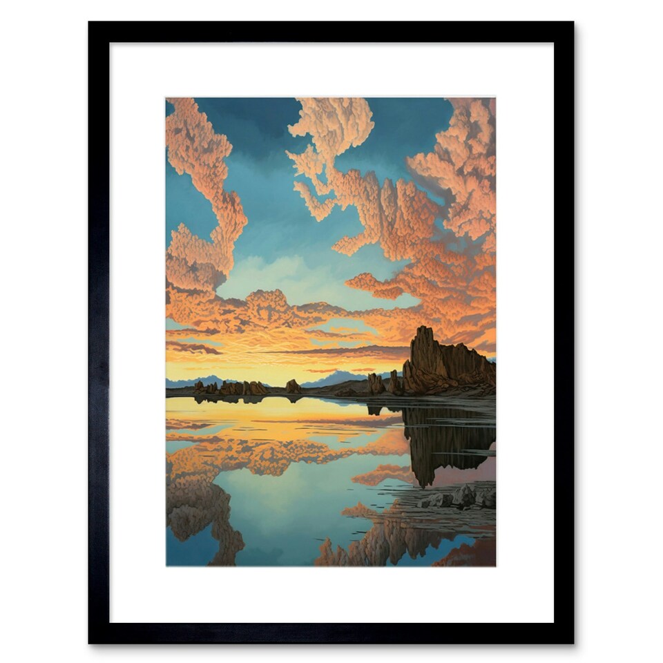 image 1 of Atmospheric Cloud Reflections Early Morning Dawn Mono Lake 9x7" Black Framed Wall Art Print