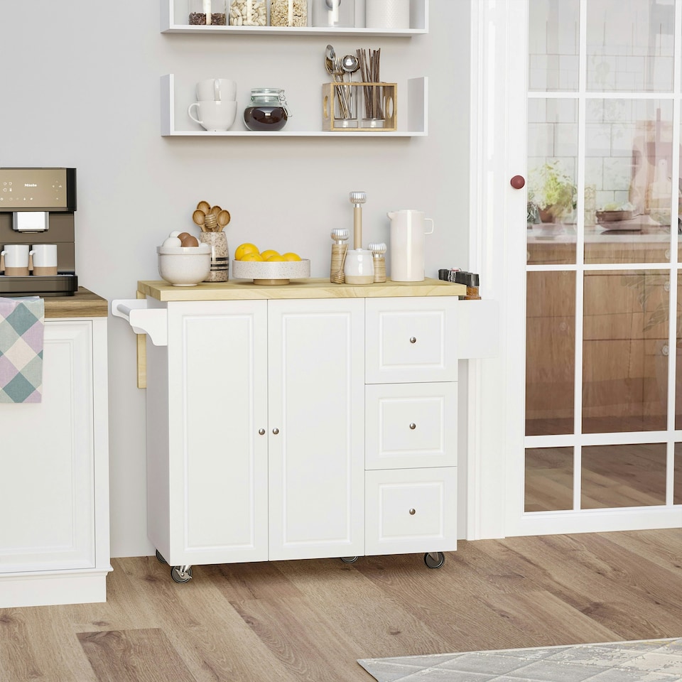 image 1 of HOMCOM Drop-Leaf Kitchen Island on Wheels Utility Storage Cart with Drawers