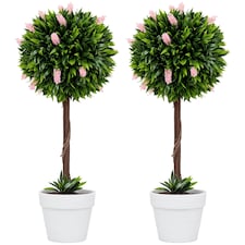 HOMCOM Set of 2 Decorative Artificial Plants Ball Trees with Lavender Flowers in Pot Fake Plants for Home Indoor Outdoor Decor, 60cm, Pink