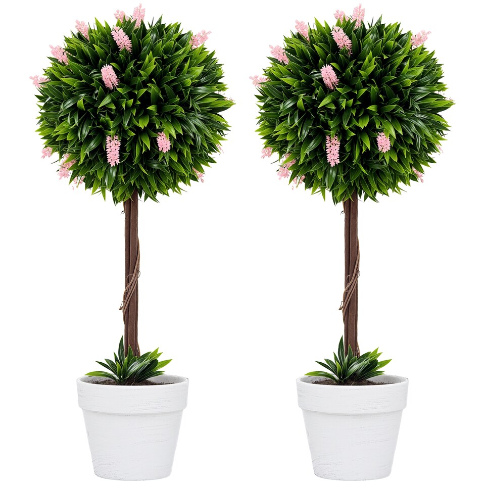 image 1 of HOMCOM Set of 2 Decorative Artificial Plants Ball Trees with Lavender Flowers in Pot Fake Plants for Home Indoor Outdoor Decor, 60cm, Pink