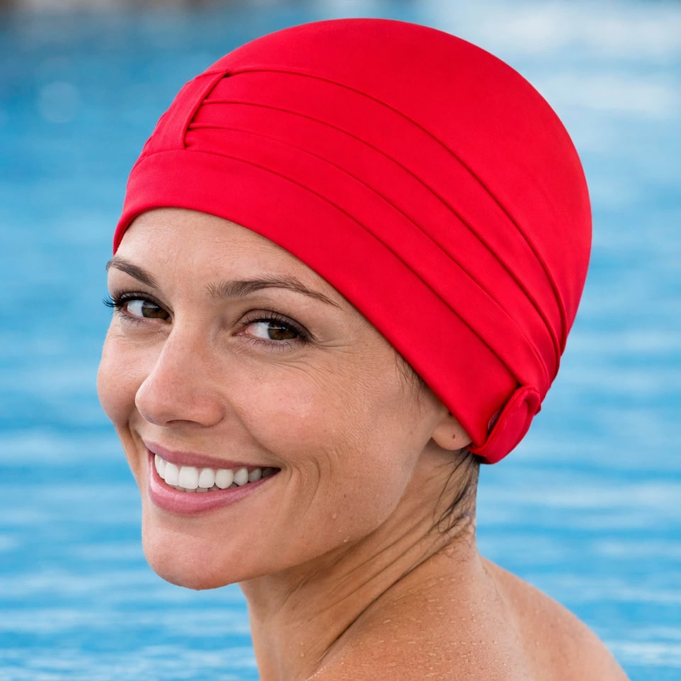 image 1 of Ladies Comfortable Fabric Swimming Cap | Turban Style Lightweight Swim Cap | Red | Red | One Size | 1