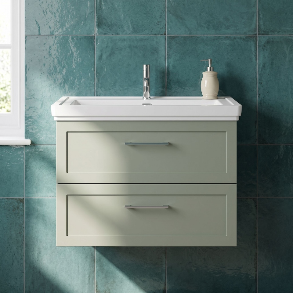 image 1 of Balterley Stonnall Traditional Wall Hung 2 Drawers Vanity Unit with Traditional 1 Tap Hole Fireclay Basin, 800mm, Reed Green