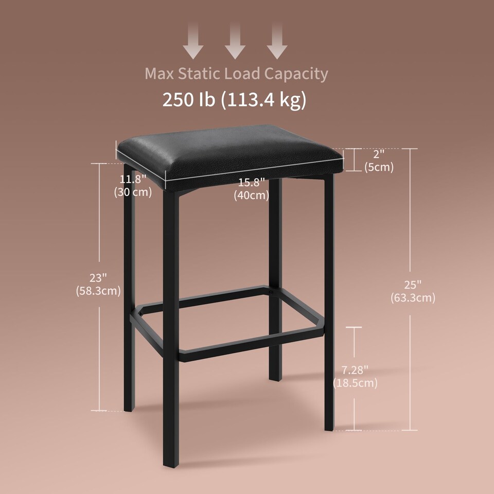 image 1 of London Boutique Set of 2 PU Leather Bar Stools Counter Height Bar Stool with Metal Frame (H)58cm - Black