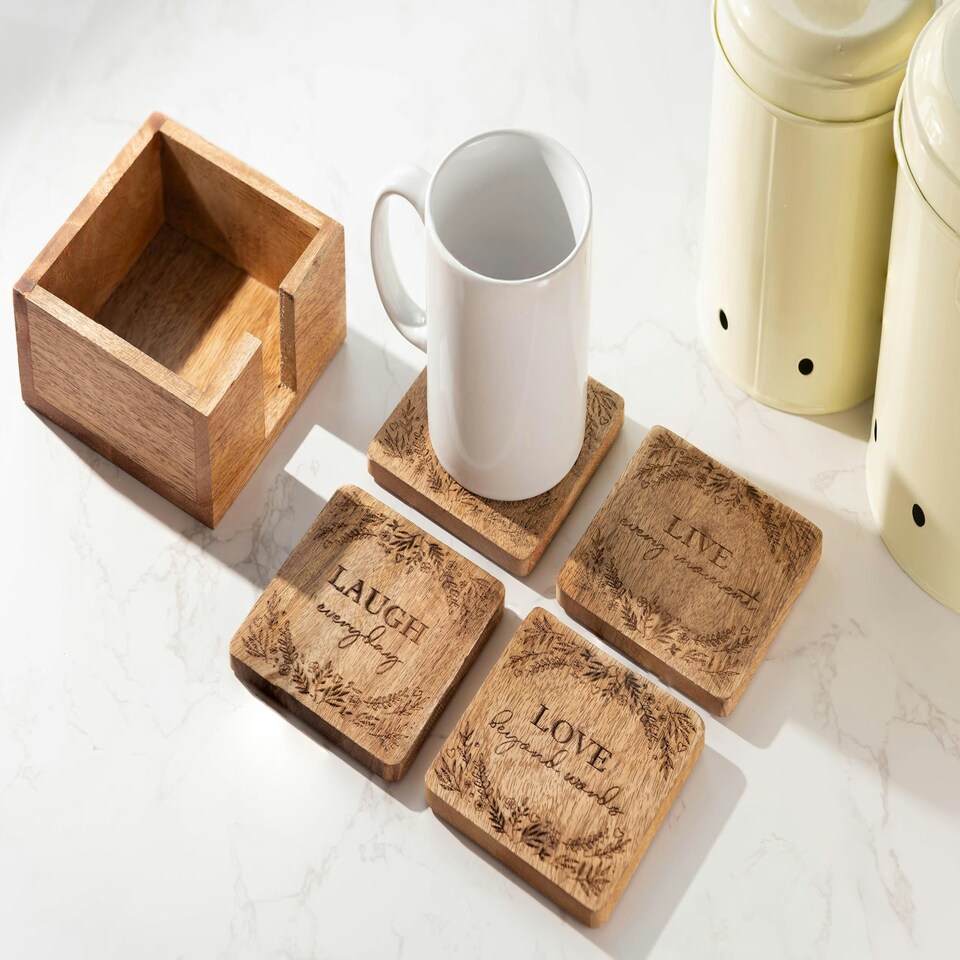 image 1 of Marco Paul Wooden Inspirational Coaster Set of 4 Coasters with Holder