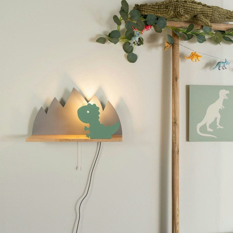 image 1 of ValueLights Green Dinosaur Plug in Wall Light with Shelf and Pull Cord Switch
