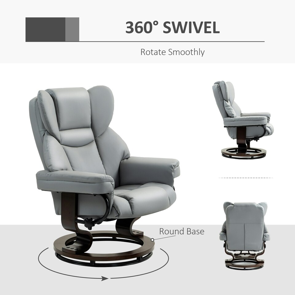 image 1 of HOMCOM PU Leather Manual Reclining Armchair Footstool Padded Seat Light Grey
